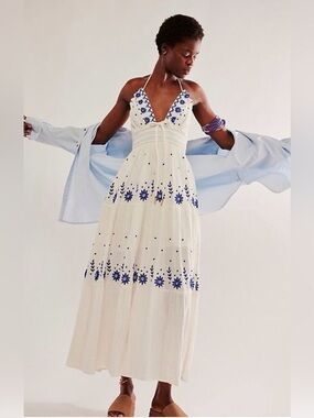 Free People White Real Love Halter Neck Smocking Waistline Embroided Maxi Dress